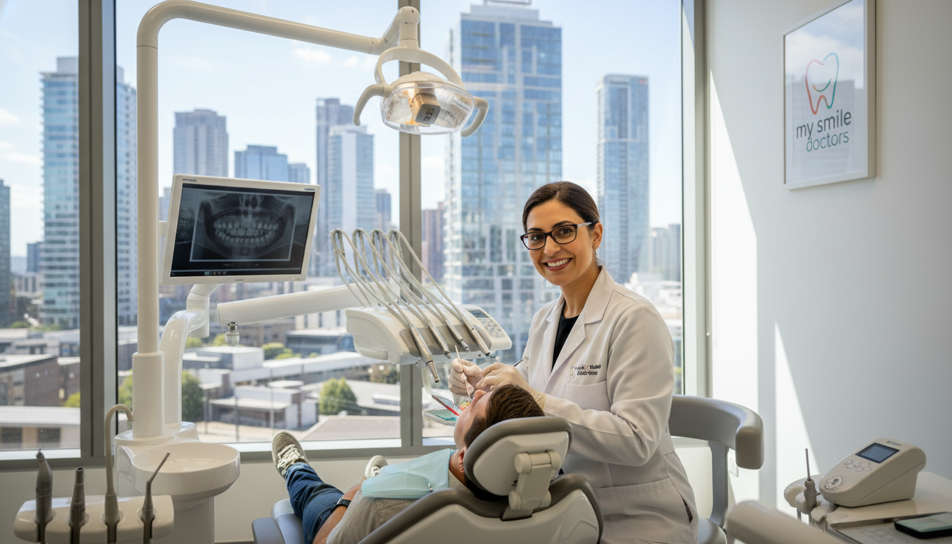 A professional orthodontist in a modern dental clinic, wearing a crisp white coat and glasses, attentively examining a patient's teeth with advanced orthodontic tools. The foreground features a bright, well-lit dental chair surrounded by top-notch dental equipment. In the middle background, a large window reveals a sunny day outside, showcasing the vibrant Parramatta skyline with recognizable modern buildings. The atmosphere is calm and caring, reflecting a welcoming environment for patients seeking emergency orthodontic treatment. Soft, natural lighting enhances the cleanliness and professionalism of the space. In one corner, a discreet logo of "my smile doctors" is visible on the clinic's branding materials.