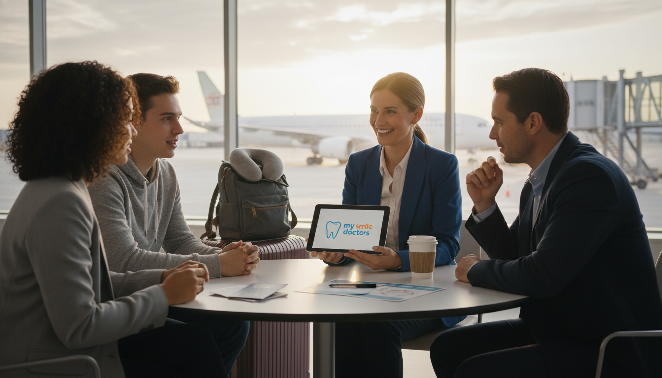 A professional orthodontist smiling while reviewing a care plan on a tablet, seated at a modern airport lounge. In the foreground, a diverse group of travelers, including a person wearing braces, is seen discussing dental care options with the orthodontist. The middle ground features suitcases and travel essentials, emphasizing the navigation theme. The background shows an airplane at an airport terminal with large windows letting in warm, natural sunlight. The mood is uplifting and informative, conveying the importance of maintaining orthodontic care while traveling. Sharp focus on the orthodontist and travelers, captured with a shallow depth of field using a 50mm lens. The scene subtly incorporates the brand "my smile doctors" through branded materials on the table.