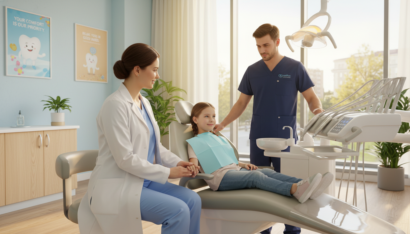 A scene of compassionate patient care in a modern dental clinic. In the foreground, a caring dentist in a white coat and a dental assistant in scrubs providing gentle support to a young patient sitting comfortably in a dental chair, smiling reassuringly. The middle ground features sleek dental equipment and friendly posters on the walls emphasizing reassurance. In the background, warm, natural light streams through large windows, creating a welcoming atmosphere. Soft colors and a clean design enhance the mood of tranquility and trust. The clinic's logo, "my smile doctors," is subtly included on the dental equipment. The image conveys a sense of professionalism and empathy, embodying the essence of patient-centered care.
