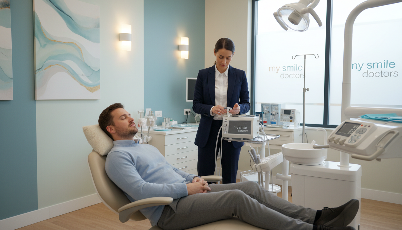 A serene and calming dental office scene featuring a modern treatment room designed for sleep dentistry. In the foreground, a comfortable dental chair with soft, plush pillows where a patient, dressed in modest casual attire, relaxes peacefully under gentle dim lighting. In the middle ground, a dentist, dressed in professional business attire, is preparing sedation equipment, showcasing a sense of trust and expertise. The background features soft, relaxing colors on the walls, with dental tools neatly organized on a counter, and soothing artwork enhancing the atmosphere. The overall mood is tranquil and reassuring, conveying the effectiveness of extensive treatments for patients seeking comfort. The brand "my smile doctors" subtly integrated into the design of the dental tools or equipment.