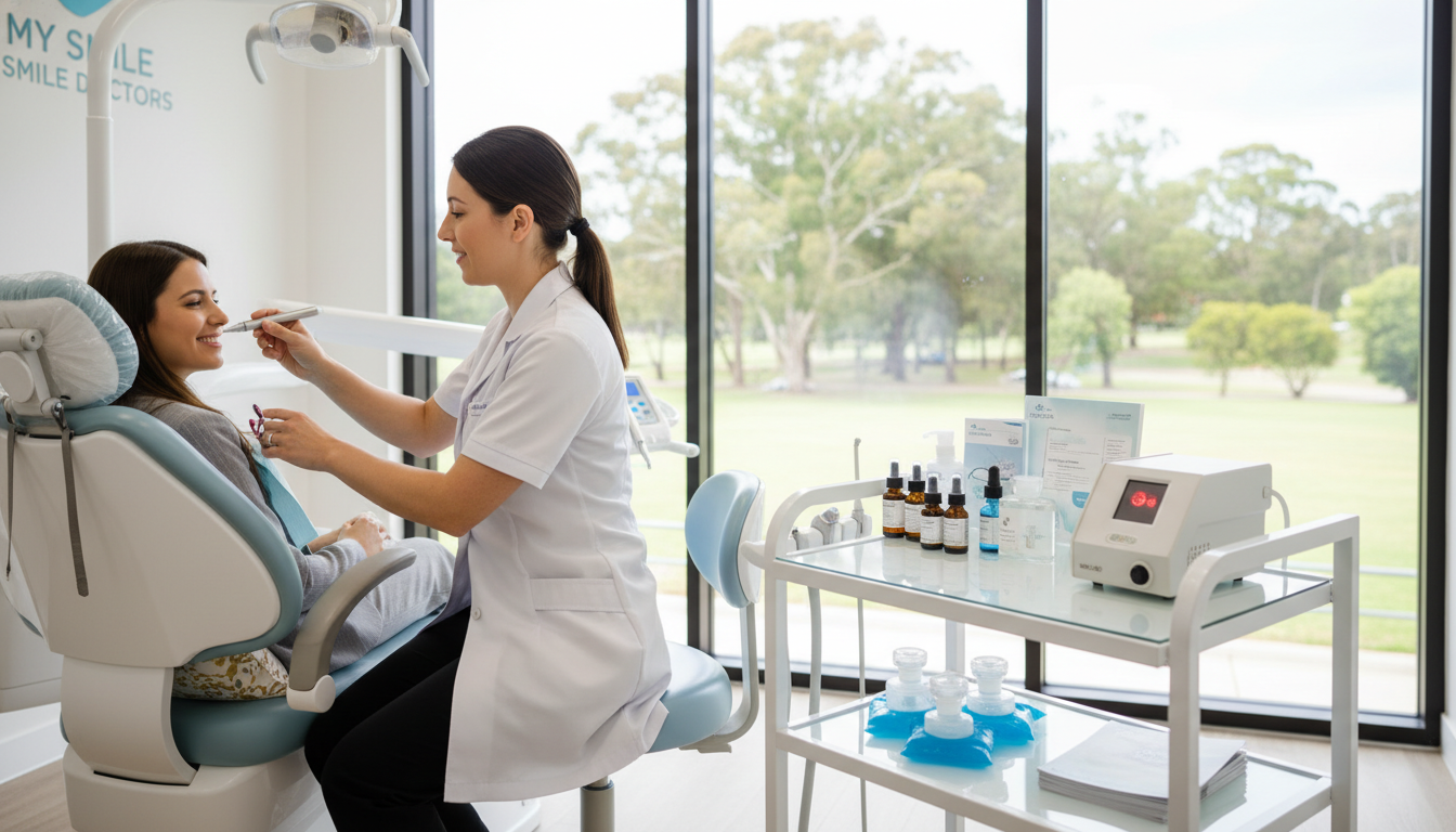 A serene dental care scene at "my smile doctors," showcasing various pain management options for patients. In the foreground, a cozy dental chair with a soft cushion and a stylish pillow, featuring a smiling patient in professional attire receiving compassionate care from a dentist in a white coat. The middle ground displays an array of pain management tools, such as calming aromatherapy oils, ice packs, and a gentle laser treatment device, all arranged neatly on a modern treatment cart. In the background, large windows bathe the room in natural light, highlighting a peaceful outdoor view of Parramatta's greenery. The atmosphere is warm and welcoming, evoking a sense of comfort and trust, perfect for reassuring patients during their dental visits.