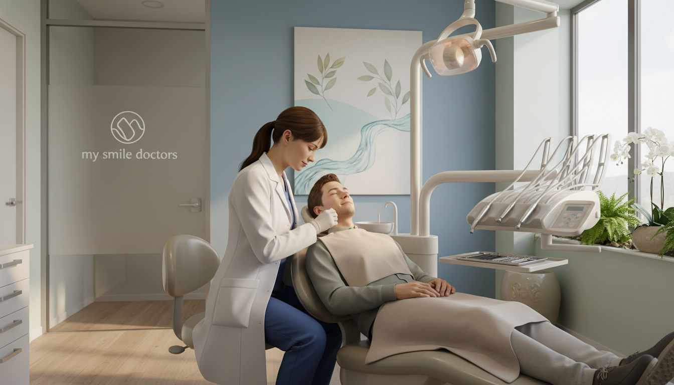 A serene dental clinic environment focused on pain relief and comfort. In the foreground, a professional dentist in a white coat gently examines a patient, who appears relaxed in a comfortable reclining dental chair. Behind them, a well-lit, modern dental office with soothing colors and soft lighting, featuring dental tools neatly arranged on a tray. In the background, a calming wall with nature-inspired artwork enhances the atmosphere of tranquility. The scene conveys a sense of ease and warmth, with gentle ambient light creating a welcoming and reassuring mood. The branding "my smile doctors" subtly incorporated into the clinic design, ensuring no distracting elements are present.
