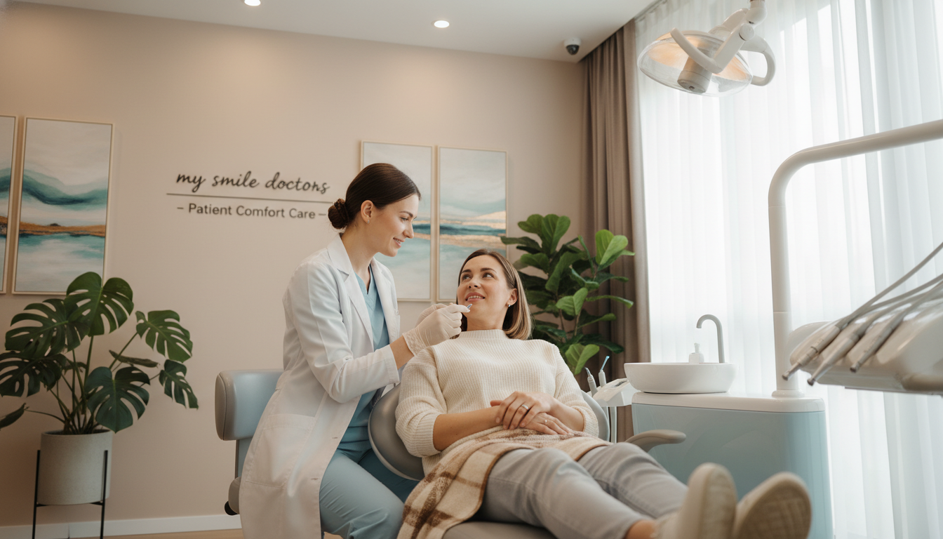 A serene dental clinic environment illustrating "patient comfort care" for a dental service called "my smile doctors." In the foreground, a friendly and professional female dentist wearing a lab coat and gloves, gently consulting with a patient in a comfortable dental chair. The patient appears relaxed, adorned in modest casual attire, and surrounded by soft cushions and a warm blanket. The middle ground showcases a well-organized dental setup with calming colors and natural light pouring through large windows, enhancing the peaceful atmosphere. In the background, lush indoor plants and soothing artwork contribute to a welcoming, healing environment. Use soft lighting to create a tranquil mood, and employ a slight upward angle to emphasize a sense of care and professionalism.
