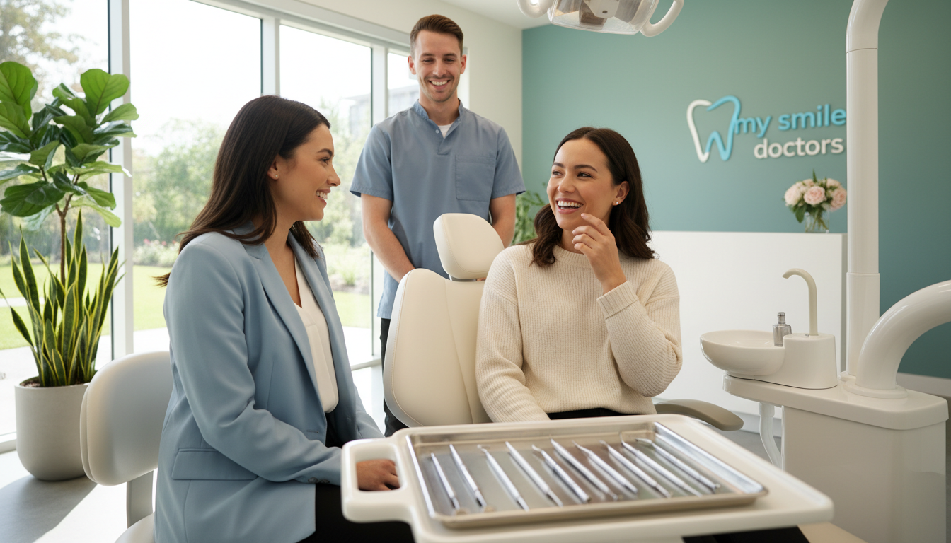 A serene dental clinic environment showcasing the benefits of professional dental care. In the foreground, a smiling dental professional in smart business attire is engaging with a patient, radiating a sense of trust and warmth. In the middle, a comforting dental chair with modern tools arranged neatly, symbolizing readiness and professionalism. The background features soft, natural lighting streaming through large windows, with calming colors on the walls and plants enhancing the atmosphere. A subtle logo of "my smile doctors" is visible on a wall, adding a professional touch. The scene conveys a mood of reassurance and happiness, emphasizing the positive outcomes of choosing expert dental services.