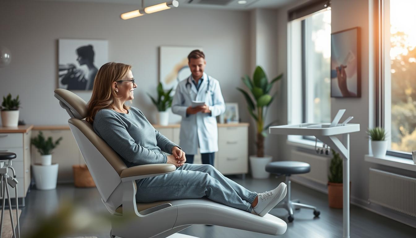 A serene dental clinic interior focused on patient comfort. In the foreground, show a patient sitting comfortably in a modern dental chair, dressed in modest casual clothing. The middle ground features a friendly dentist wearing professional attire, gently engaging with the patient and providing reassurance. The background should include calming elements like soft lighting, plants, and soothing art on the walls to create a tranquil atmosphere. Use warm, natural light from large windows, with a slight lens flare to enhance the cozy feeling. The overall mood is calm and reassuring, reflecting a commitment to patient care and anxiety management. A serene dental clinic interior focused on patient comfort. In the foreground, show a patient sitting comfortably in a modern dental chair, dressed in modest casual clothing. The middle ground features a friendly dentist wearing professional attire, gently engaging with the patient and providing reassurance. The background should include calming elements like soft lighting, plants, and soothing art on the walls to create a tranquil atmosphere. Use warm, natural light from large windows, with a slight lens flare to enhance the cozy feeling. The overall mood is calm and reassuring, reflecting a commitment to patient care and anxiety management.
