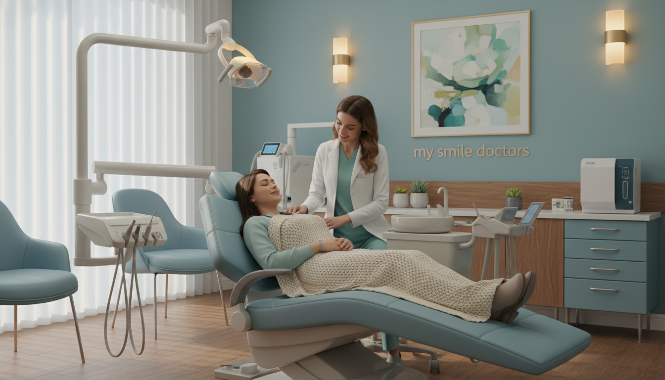 A serene dental clinic interior, focusing on patient comfort, centered around a welcoming dental chair with plush cushioning, adorned in soothing pastel colors. In the foreground, a caring dental professional, dressed in professional scrubs, gently interacts with a relaxed patient, who is comfortably draped with a soft blanket. The middle ground features warm, ambient lighting that enhances the inviting atmosphere, with small potted plants and calming artwork on the walls, promoting a sense of tranquility. The background subtly showcases high-quality dental equipment neatly organized, conveying professionalism. Soft natural light filters in through large windows, creating an uplifting and reassuring mood. Include the brand name "my smile doctors" subtly in the environment, ensuring a connection to quality care while maintaining the focus on patient comfort.