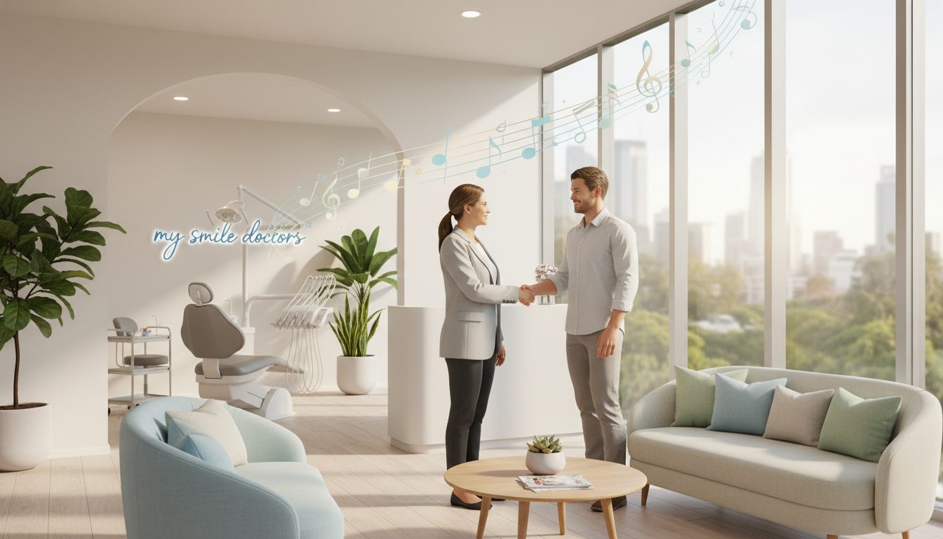 A serene dental clinic scene in Parramatta emphasizing patient comfort. In the foreground, a welcoming reception area features a comfortable seating arrangement with plush chairs and soft cushions, all in calming pastel colors. A friendly dental professional in smart attire greets a patient with a warm smile, conveying a sense of trust. In the middle ground, a treatment room is visible with modern dental equipment, soft lighting creating a relaxed atmosphere. The background showcases large windows allowing natural light to flood the space, plants adding a touch of nature. Soft music notes visually represented float in the air, enhancing the soothing ambiance. The logo "my smile doctors" subtly incorporated into the design. The overall mood is inviting, reassuring, and focused on high-quality patient care.