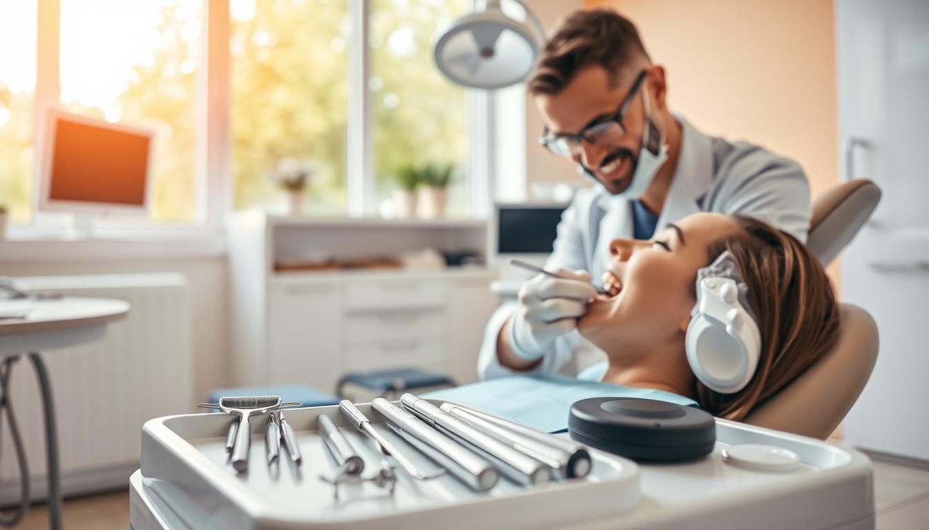A serene dental clinic scene showcasing the importance of professional dental care. In the foreground, a friendly dentist in a white coat and gloves attentively examines a patient's teeth, demonstrating gentle techniques. The patient is comfortably seated in a modern dental chair, exuding a calm demeanor. In the middle ground, dental tools are neatly organized on a sterile tray, emphasizing a commitment to hygiene. The background features bright, welcoming colors with large windows allowing natural light to flood the room, creating a warm and inviting atmosphere. The overall mood is one of trust and professionalism, highlighting the caring environment of a dental practice. Soft focus effects on edges to draw attention to the main interaction. A serene dental clinic scene showcasing the importance of professional dental care. In the foreground, a friendly dentist in a white coat and gloves attentively examines a patient's teeth, demonstrating gentle techniques. The patient is comfortably seated in a modern dental chair, exuding a calm demeanor. In the middle ground, dental tools are neatly organized on a sterile tray, emphasizing a commitment to hygiene. The background features bright, welcoming colors with large windows allowing natural light to flood the room, creating a warm and inviting atmosphere. The overall mood is one of trust and professionalism, highlighting the caring environment of a dental practice. Soft focus effects on edges to draw attention to the main interaction.