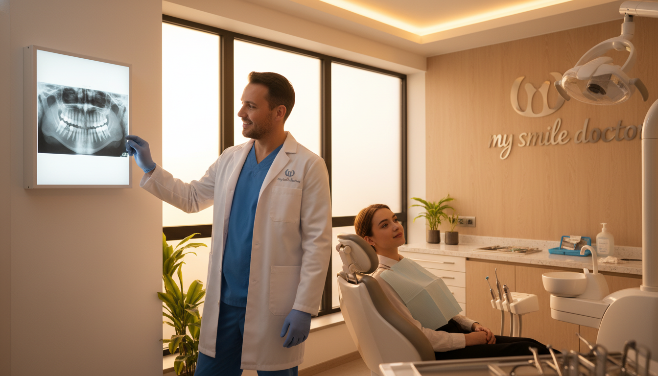 A serene dental clinic setting focused on a wisdom teeth removal procedure. In the foreground, a compassionate dentist in professional attire carefully examines an X-ray on a lightbox, showing impacted wisdom teeth. In the middle ground, a patient sits comfortably in a dental chair, looking relaxed and calm, with a soothing atmosphere created by warm, soft lighting. The dentist wears a gentle smile, conveying a sense of reassurance. In the background, dental tools are neatly arranged on a counter, emphasizing a clean and organized environment. The brand name "my smile doctors" is subtly integrated into the decor. The overall mood is one of trust and compassion, highlighting the importance of prompt treatment for wisdom tooth extraction.