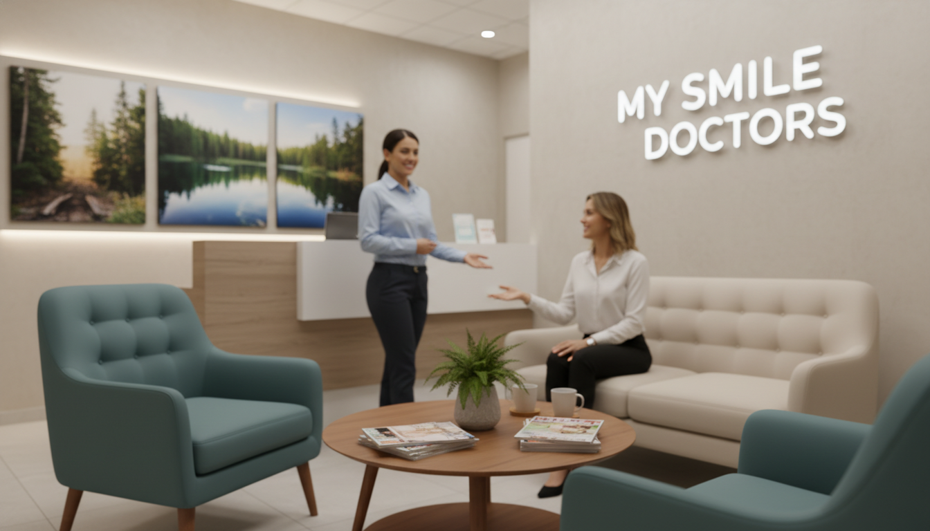 A serene dental clinic waiting room designed for patient comfort, featuring soft lighting that creates a warm and inviting atmosphere. In the foreground, a cozy seating area with plush chairs upholstered in soothing colors, alongside a coffee table with health magazines and a small plant. In the middle, a friendly dental receptionist in professional attire, smiling while assisting patients, with a welcoming demeanor. The background showcases calming decor, including framed nature images on the walls, and soft, ambient lighting. The overall mood conveys tranquility and care, emphasizing the commitment to patient comfort at "my smile doctors". The scene is shot with a soft focus lens to enhance the warmth of the environment.