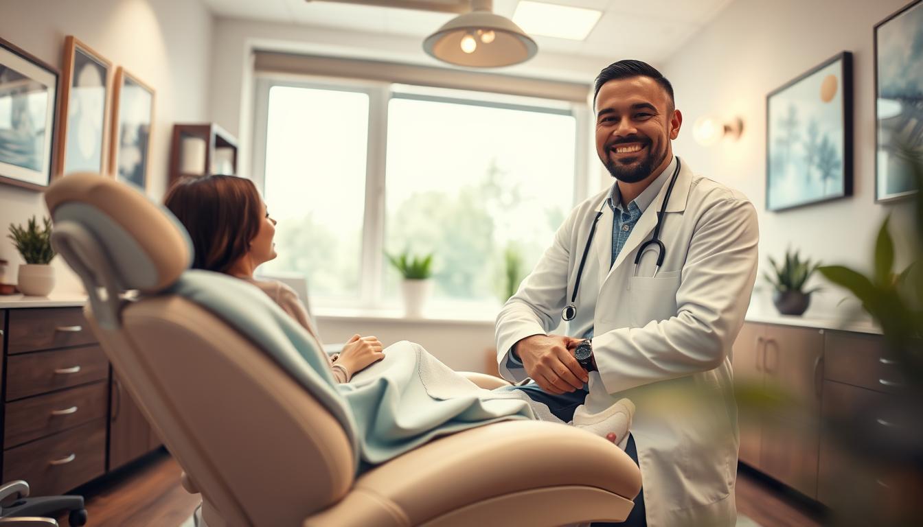 A serene dental office environment, designed to evoke a sense of comfort and calm. In the foreground, a cozy dental chair with soft, plush cushions and a light blue blanket draped over it. A friendly dentist in a professional white coat, smiling reassuringly, is engaging with a patient seated nearby, demonstrating a caring approach. In the middle ground, soft ambient lighting creates a warm atmosphere, with calming artwork on the walls and a few green plants adding to the tranquility. The background features a large window letting in gentle natural light, showcasing a peaceful outdoor view of trees and soft clouds. The overall mood is welcoming and anxiety-free, emphasizing a safe space for patients. The scene is captured from a slightly elevated angle to provide depth and warmth. A serene dental office environment, designed to evoke a sense of comfort and calm. In the foreground, a cozy dental chair with soft, plush cushions and a light blue blanket draped over it. A friendly dentist in a professional white coat, smiling reassuringly, is engaging with a patient seated nearby, demonstrating a caring approach. In the middle ground, soft ambient lighting creates a warm atmosphere, with calming artwork on the walls and a few green plants adding to the tranquility. The background features a large window letting in gentle natural light, showcasing a peaceful outdoor view of trees and soft clouds. The overall mood is welcoming and anxiety-free, emphasizing a safe space for patients. The scene is captured from a slightly elevated angle to provide depth and warmth.