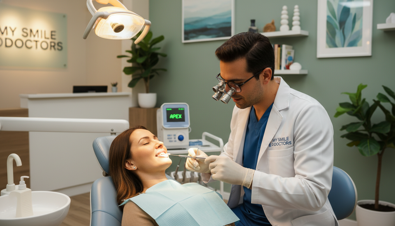 A serene dental office scene depicting a gentle root canal treatment in progress. In the foreground, a friendly dentist in professional attire is carefully working on a patient reclining in a comfortable dental chair, with a focus on their relaxed expression. The middle layer features sophisticated dental equipment, including an apex locator and gentle lighting, illuminating the workspace. In the background, calming colors and soft décor create an inviting atmosphere, with plants and artwork enhancing the peaceful setting. The lighting is soft and warm, evoking a sense of trust and care. The brand “my smile doctors” is subtly referenced through the dental office design elements, reflecting professionalism and compassion in dental care.