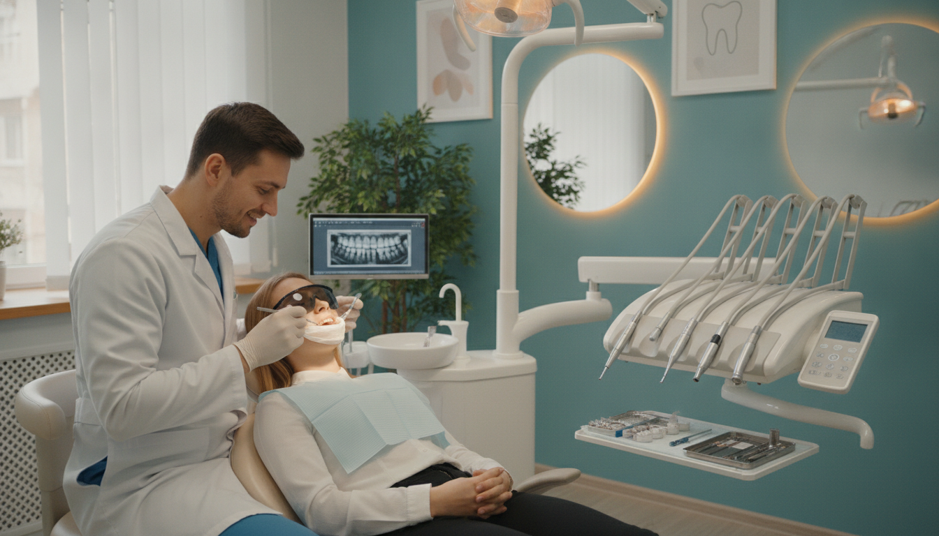 A serene dental office setting showcasing restorative care for smiles. In the foreground, a caring dentist in professional attire is gently working on a patient reclined in a comfortable dental chair, showcasing a warm and inviting expression. The middle ground displays dental equipment neatly arranged, with soft ambient lighting enhancing the relaxing atmosphere. The background features calming colors on the walls, framed dental art, and a plant for a touch of nature, emphasizing tranquility. Soft natural light streams through a window, creating a welcoming environment. The image captures the essence of compassionate care, promoting a sense of comfort and well-being in dental health. A serene dental office setting showcasing restorative care for smiles. In the foreground, a caring dentist in professional attire is gently working on a patient reclined in a comfortable dental chair, showcasing a warm and inviting expression. The middle ground displays dental equipment neatly arranged, with soft ambient lighting enhancing the relaxing atmosphere. The background features calming colors on the walls, framed dental art, and a plant for a touch of nature, emphasizing tranquility. Soft natural light streams through a window, creating a welcoming environment. The image captures the essence of compassionate care, promoting a sense of comfort and well-being in dental health.