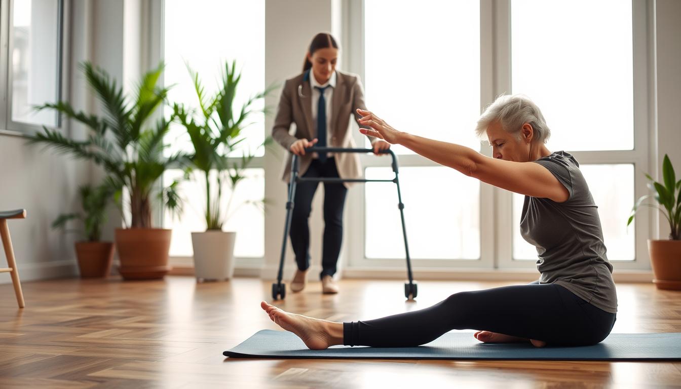 A serene indoor rehabilitation setting illustrating mobility and daily activity adjustments for post-operative care. In the foreground, a middle-aged person in modest casual clothing practices gentle stretches on a yoga mat, demonstrating determination and focus. In the middle ground, a physical therapist, dressed in professional business attire, assists another patient using a walker, highlighting supportive interaction. The background features large windows with soft, natural light flooding the room, creating a warm and inviting atmosphere. Potted plants add a touch of greenery, symbolizing growth and recovery. The overall mood is hopeful and encouraging, emphasizing progress in mobility post-surgery, captured with a slight depth of field to enhance the subjects’ engagement. A serene indoor rehabilitation setting illustrating mobility and daily activity adjustments for post-operative care. In the foreground, a middle-aged person in modest casual clothing practices gentle stretches on a yoga mat, demonstrating determination and focus. In the middle ground, a physical therapist, dressed in professional business attire, assists another patient using a walker, highlighting supportive interaction. The background features large windows with soft, natural light flooding the room, creating a warm and inviting atmosphere. Potted plants add a touch of greenery, symbolizing growth and recovery. The overall mood is hopeful and encouraging, emphasizing progress in mobility post-surgery, captured with a slight depth of field to enhance the subjects’ engagement.