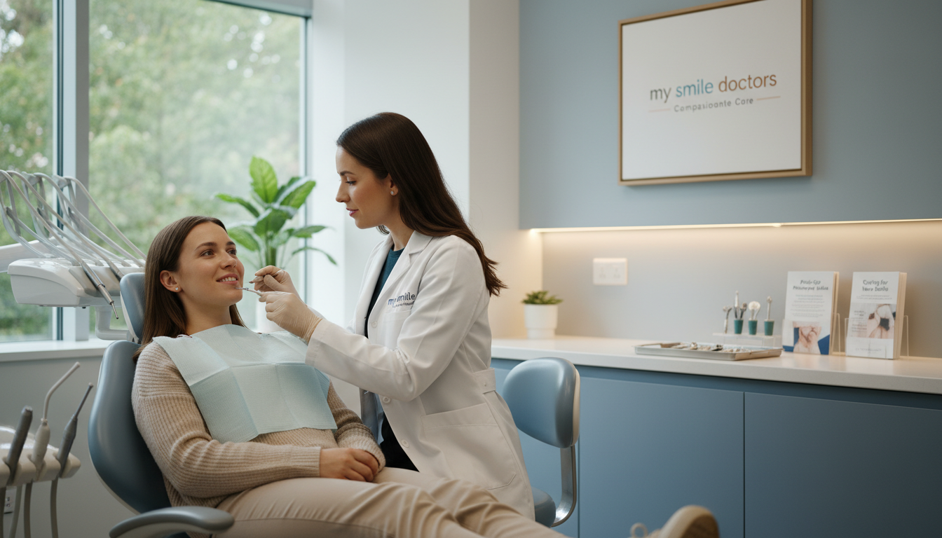 A serene post-operative care scene in a bright, inviting clinic setting. In the foreground, a patient in cozy, modest clothing sits comfortably in a dental chair, displaying a relaxed expression. A dental professional wearing a clean lab coat is attentively checking the patient's healing, demonstrating compassion and expertise. The middle ground features a well-organized clinical workspace with soft lighting, instruments, and pamphlets regarding recovery. In the background, subtle greenery can be seen through large windows, allowing natural light to filter in, creating a calm atmosphere. The overall mood is reassuring and professional, highlighting the theme of compassionate care in dentistry. Incorporate the brand name "my smile doctors" through decor elements, emphasizing a sense of trust and quality in the post-operative experience.