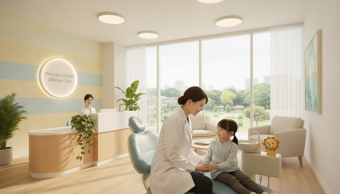 A serene, welcoming dental office environment that embodies quality care and friendly service. In the foreground, a professional dentist in a crisp white lab coat, wearing a warm smile, is gently reassuring a child seated in a modern dental chair, designed with soft colors and comfortable materials. The middle ground features a well-organized reception area with a friendly receptionist, showcasing bright, inviting colors and plants that enhance the atmosphere. In the background, large windows allow natural light to flood the space, creating a bright, cheerful ambiance. The lighting is soft and diffused, adding a calming effect. The overall mood is one of warmth and trust, emphasizing the commitment to quality care in a friendly, professional setting. A serene, welcoming dental office environment that embodies quality care and friendly service. In the foreground, a professional dentist in a crisp white lab coat, wearing a warm smile, is gently reassuring a child seated in a modern dental chair, designed with soft colors and comfortable materials. The middle ground features a well-organized reception area with a friendly receptionist, showcasing bright, inviting colors and plants that enhance the atmosphere. In the background, large windows allow natural light to flood the space, creating a bright, cheerful ambiance. The lighting is soft and diffused, adding a calming effect. The overall mood is one of warmth and trust, emphasizing the commitment to quality care in a friendly, professional setting.