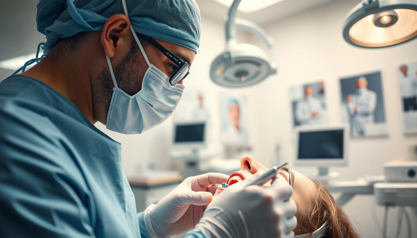 A skilled dental surgeon performing an oral maxillofacial procedure in a modern, well-lit dental clinic. In the foreground, focus on the surgeon, a middle-aged man in professional medical scrubs and a surgical mask, intently examining a patient's mouth. In the middle ground, an array of advanced dental instruments and equipment is visible, showcasing a high-tech environment. The background features soft, calming colors with medical posters on the walls, creating a reassuring atmosphere. The lighting is bright yet soft, emphasizing cleanliness and professionalism. The lens captures the scene from a slightly elevated angle, drawing attention to the surgeon's expertise and the intricate details of the procedure. The mood is focused and serene, reflecting the commitment to comprehensive oral care. A skilled dental surgeon performing an oral maxillofacial procedure in a modern, well-lit dental clinic. In the foreground, focus on the surgeon, a middle-aged man in professional medical scrubs and a surgical mask, intently examining a patient's mouth. In the middle ground, an array of advanced dental instruments and equipment is visible, showcasing a high-tech environment. The background features soft, calming colors with medical posters on the walls, creating a reassuring atmosphere. The lighting is bright yet soft, emphasizing cleanliness and professionalism. The lens captures the scene from a slightly elevated angle, drawing attention to the surgeon's expertise and the intricate details of the procedure. The mood is focused and serene, reflecting the commitment to comprehensive oral care.