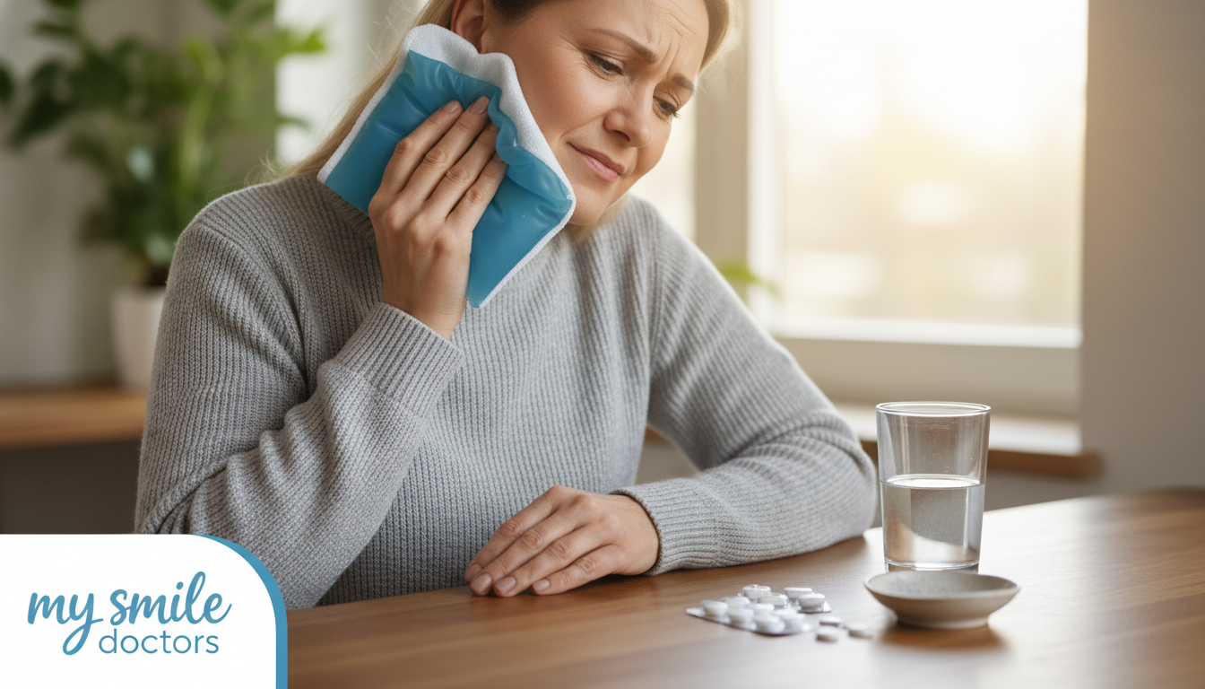 A soothing image of a person applying a cold compress to their jaw, illustrating immediate steps for pain relief. In the foreground, a focused, middle-aged individual in a modest casual outfit is gently holding a soft ice pack against their cheek, showing a look of relief. In the middle ground, a neatly organized kitchen counter with a glass of water and some aspirin pills can be seen, hinting at home comfort and first aid. The background features warm, soft lighting that creates a calming atmosphere, with hints of greenery peeking through a window, promoting a sense of tranquility. The scene subtly incorporates a branded element, "my smile doctors," ensuring the focus remains on the pain relief process.