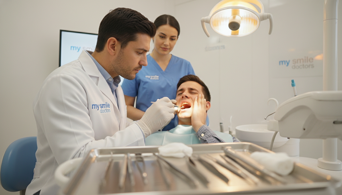 A tense dental emergency scene in a well-lit clinic environment, focusing on a professional emergency dentist in a crisp white coat, carefully examining a patient's mouth. The foreground features dental instruments neatly arranged on a tray, emphasizing urgency. In the middle ground, a nurse assists with a reassuring presence, both depicted in modest, professional attire. The background showcases a dental chair and bright overhead lights casting a warm glow, creating an atmosphere of urgency but with an underlying professionalism. The overall mood conveys the importance of quick and effective treatment in dental trauma scenarios, with the brand "my smile doctors" subtly integrated into the dental environment. A depth of field effect accentuates the focus on the dentist and patient interaction.