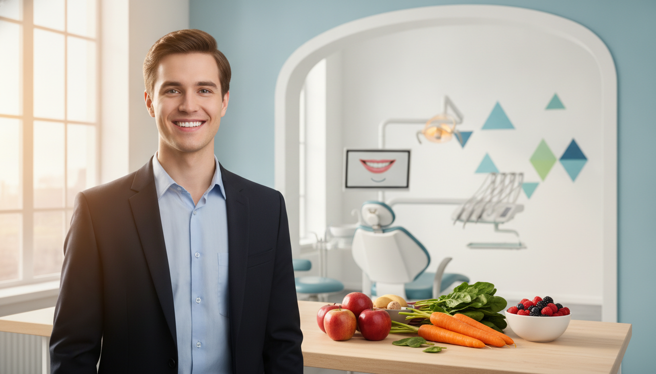 A vibrant and uplifting scene illustrating the health benefits of orthodontic treatments. In the foreground, a smiling young adult, dressed in professional business attire, showcases a confident smile, emphasizing dental health and wellness. The middle ground features an array of healthy foods such as apples, carrots, and leafy greens, symbolizing the relationship between nutrition and oral health. In the background, a bright and inviting dental office is depicted, with modern equipment and cheerful decor, indicating a welcoming environment for patients. Soft, natural lighting streams through large windows, casting warm highlights on the scene, creating an atmosphere of positivity and well-being. The overall mood is energetic and optimistic, reflecting the potential for a perfect smile and its impact on health. A vibrant and uplifting scene illustrating the health benefits of orthodontic treatments. In the foreground, a smiling young adult, dressed in professional business attire, showcases a confident smile, emphasizing dental health and wellness. The middle ground features an array of healthy foods such as apples, carrots, and leafy greens, symbolizing the relationship between nutrition and oral health. In the background, a bright and inviting dental office is depicted, with modern equipment and cheerful decor, indicating a welcoming environment for patients. Soft, natural lighting streams through large windows, casting warm highlights on the scene, creating an atmosphere of positivity and well-being. The overall mood is energetic and optimistic, reflecting the potential for a perfect smile and its impact on health.