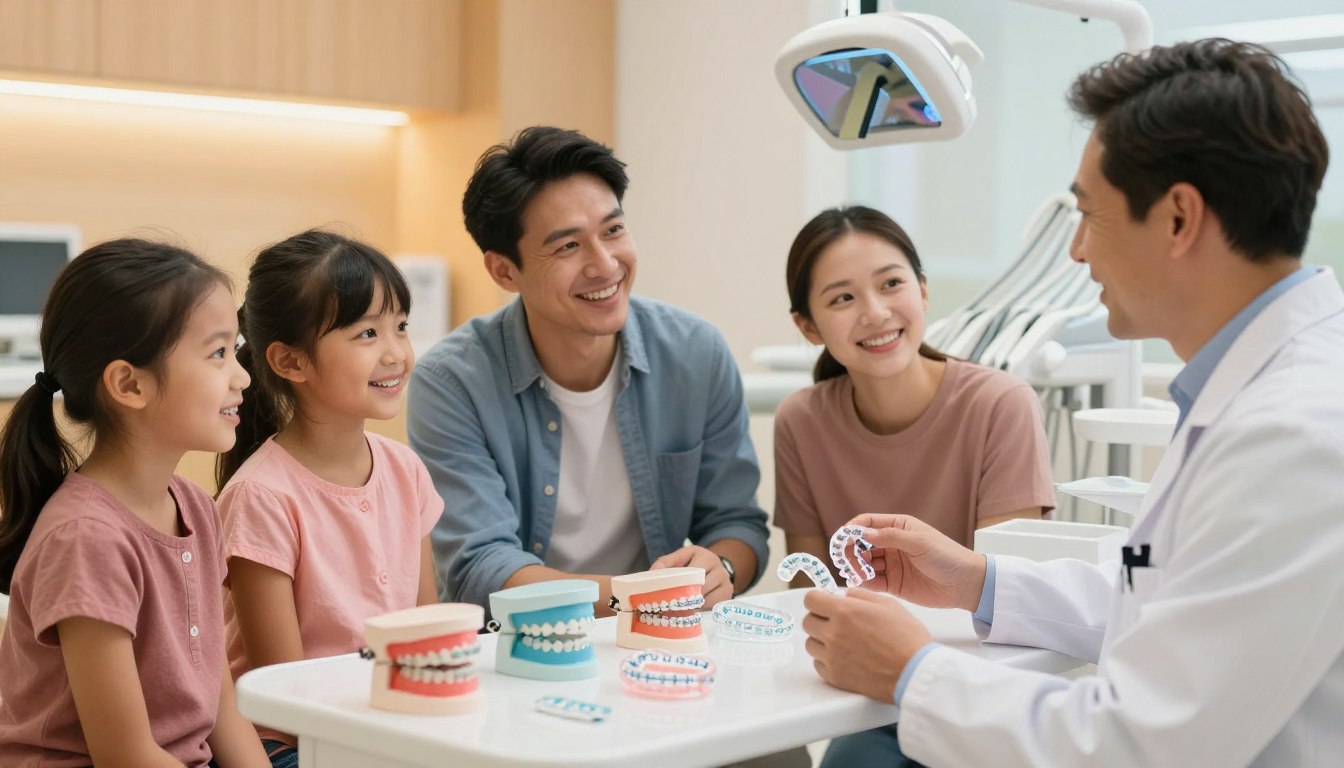 A vibrant dental clinic scene showcasing "my smile doctors" as the focal point. In the foreground, depict a cheerful orthodontist, dressed in professional attire, discussing treatment options with a diverse family consisting of children and adults, all with friendly smiles and clear braces. In the middle, illustrate various orthodontic solutions like colorful braces, clear aligners, and retainers displayed on an elegant table. In the background, include calming warm colors and modern dental equipment, creating a welcoming atmosphere. Soft, warm lighting enhances the friendly environment, while a shallow depth of field focuses on the engaging interaction between the orthodontist and the family, conveying an inviting and professional vibe suitable for all ages. A vibrant dental clinic scene showcasing "my smile doctors" as the focal point. In the foreground, depict a cheerful orthodontist, dressed in professional attire, discussing treatment options with a diverse family consisting of children and adults, all with friendly smiles and clear braces. In the middle, illustrate various orthodontic solutions like colorful braces, clear aligners, and retainers displayed on an elegant table. In the background, include calming warm colors and modern dental equipment, creating a welcoming atmosphere. Soft, warm lighting enhances the friendly environment, while a shallow depth of field focuses on the engaging interaction between the orthodontist and the family, conveying an inviting and professional vibe suitable for all ages.