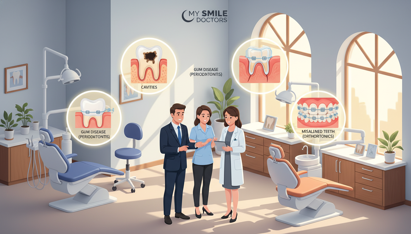 A visually engaging and informative illustration depicting common dental issues we treat at my smile doctors. In the foreground, a diverse group of three dental professionals dressed in professional business attire, showcasing a dentist, a dental hygienist, and an orthodontist, attentively discussing a dental chart. In the middle ground, detailed visuals of dental conditions such as cavities, gum disease, and misaligned teeth represented in clear, labeled graphics. The background features a modern dental clinic setting with bright, warm lighting to create a welcoming atmosphere. The image is captured from a slightly elevated angle to emphasize the interaction among the dental professionals and the dental visuals, creating an educational yet approachable mood.
