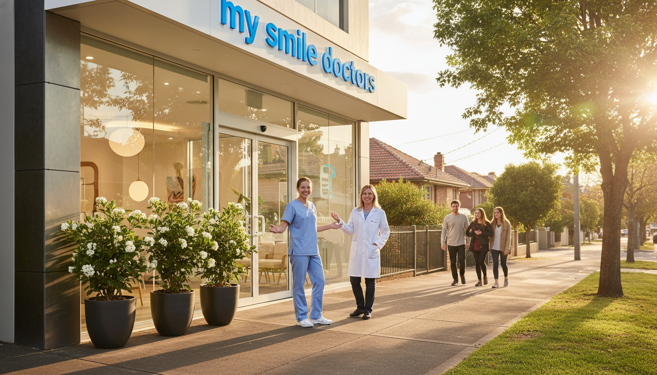A vivid street scene depicting Grose Street in Parramatta, showcasing a modern dental clinic branded with the name "my smile doctors" prominently displayed. The foreground should feature a well-maintained sidewalk with a few potted plants, reflecting a friendly and inviting atmosphere. In the middle ground, the dental clinic's entrance is visible, with large glass doors and a bright, welcoming interior illuminated by soft, warm lighting. Friendly dental professionals in professional attire stand outside, ready to assist, smiling and engaging with potential clients. The background should include leafy trees lining the street and residential buildings, adding a suburban charm. The image should be captured during the golden hour, creating a warm, inviting mood with a slight lens flare. Focus on a slight upward angle to make the clinic appear inviting and prominent.