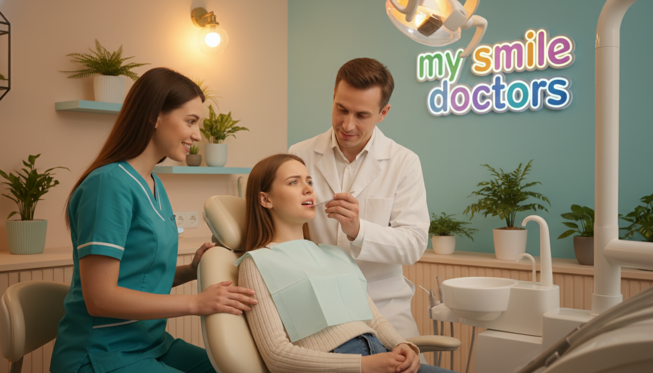 A warm and inviting dental clinic environment emphasizing patient comfort and care. In the foreground, a friendly dental assistant in professional attire smiles reassuringly at an anxious patient sitting in a modern dental chair, embellished with soft cushions. In the middle, a dentist in a white coat gently examines the patient's teeth, showcasing a caring and empathetic demeanor. The clinic is designed to evoke tranquility, featuring pastel-colored walls, warm lighting, and plants for a soothing atmosphere. In the background, a colorful "my smile doctors" sign enhances the welcoming ambiance. The lighting is soft and diffused, creating an uplifting mood. The scene should convey a sense of trust and support, suitable for emergency dental care settings.