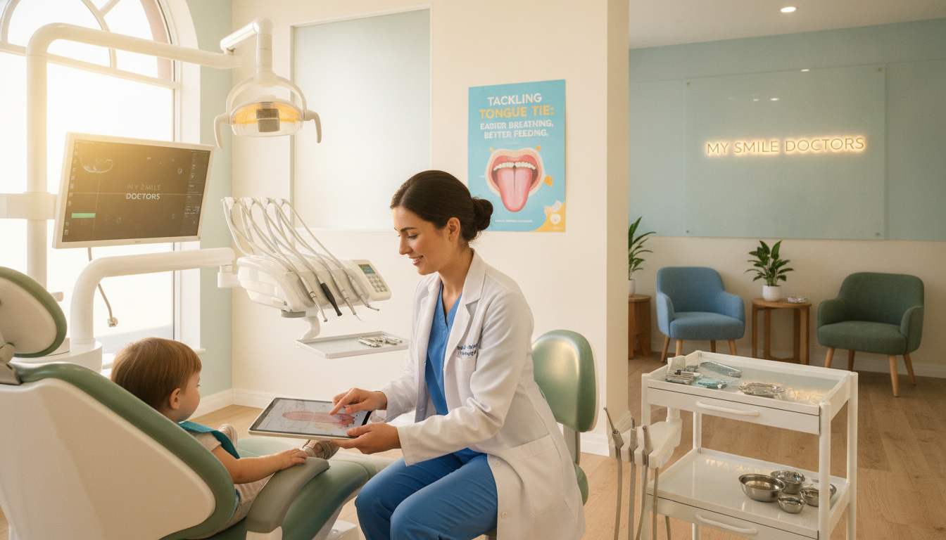 A warm and inviting dental clinic interior in Parramatta, showcasing an expert tongue tie treatment environment. In the foreground, a caring dental professional, dressed in a crisp white lab coat and modest attire, is gently interacting with a young patient, demonstrating a compassionate approach. The middle ground features modern dental equipment and a vibrant poster about tongue tie awareness on the wall. The background reveals a serene waiting area with plants and comfortable seating, emphasizing a soothing atmosphere. Soft, natural lighting filters through large windows, creating a welcoming ambiance. The brand name "MY SMILE DOCTORS" is subtly incorporated into the clinic's decor. The overall mood is one of expert care, professionalism, and reassurance for families seeking tongue tie treatment. A warm and inviting dental clinic interior in Parramatta, showcasing an expert tongue tie treatment environment. In the foreground, a caring dental professional, dressed in a crisp white lab coat and modest attire, is gently interacting with a young patient, demonstrating a compassionate approach. The middle ground features modern dental equipment and a vibrant poster about tongue tie awareness on the wall. The background reveals a serene waiting area with plants and comfortable seating, emphasizing a soothing atmosphere. Soft, natural lighting filters through large windows, creating a welcoming ambiance. The brand name "MY SMILE DOCTORS" is subtly incorporated into the clinic's decor. The overall mood is one of expert care, professionalism, and reassurance for families seeking tongue tie treatment.