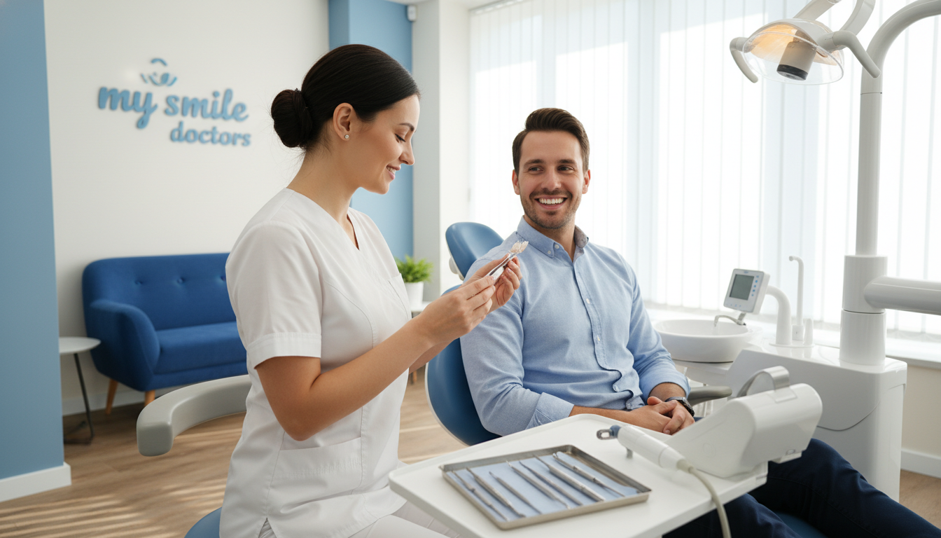 A warm and inviting dental clinic interior, showcasing a cheerful and professional dentist, dressed in crisp, white professional attire, gently attending to a smiling patient in a modern dental chair. The foreground features the dentist examining a dental veneer, as the patient beams confidently. In the middle, tools and equipment are neatly arranged, while the background includes bright, soft lighting from large windows, creating an atmosphere of comfort and reassurance. A soothing color palette of blues and whites envelops the scene, emphasizing cleanliness and warmth. The clinic has subtle branding of "my smile doctors" on the wall, ensuring it remains professional and inviting without overpowering the image. The composition captures a moment of transformation, reflecting hope and joy in restoring one's smile.