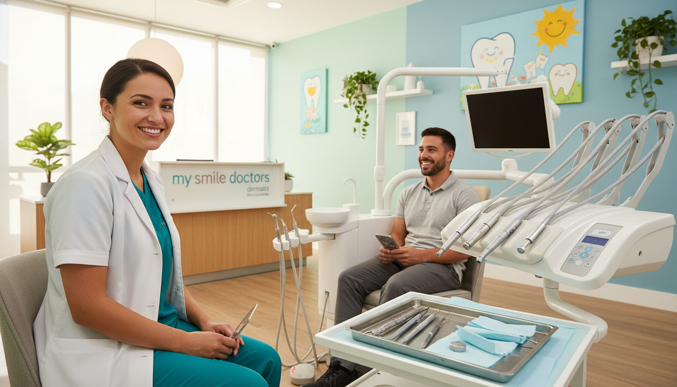 A warm and inviting dental clinic scene featuring a bright, modern interior of "my smile doctors dentist" in Parramatta. In the foreground, a friendly dentist in professional attire is interacting with a patient, both smiling comfortably. In the middle ground, a sleek dental chair with high-tech equipment, surrounded by well-organized dental tools. The background showcases soothing pastel-colored walls and cheerful artwork to create a calming atmosphere. Natural light filters in through large windows, casting soft illumination over the scene. The overall mood is welcoming, emphasizing quality care and a friendly service that puts patients at ease. The composition is balanced, with an angle that captures both the dentist's caring expression and the comfortable clinic environment.