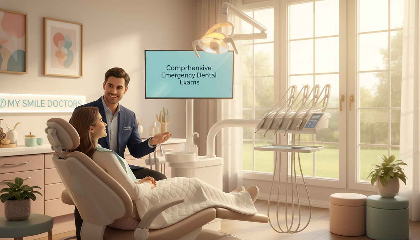 A warm and inviting dental examination room, designed for patient comfort and care, showcasing the brand "my smile doctors". In the foreground, a well-organized dental chair with soft cushions, surrounded by calming pastel-colored decorations. A friendly dentist, dressed in professional business attire, is gently explaining the procedure to a relaxed patient seated in the chair, exuding empathy and reassurance. In the middle ground, various dental tools and equipment are neatly arranged on a clean counter, reflecting a professional environment. The background features large windows with natural light streaming in, illuminating the room and creating a serene atmosphere. Soft lighting enhances the inviting mood, promoting a sense of trust and safety, ideal for comprehensive emergency dental exams.