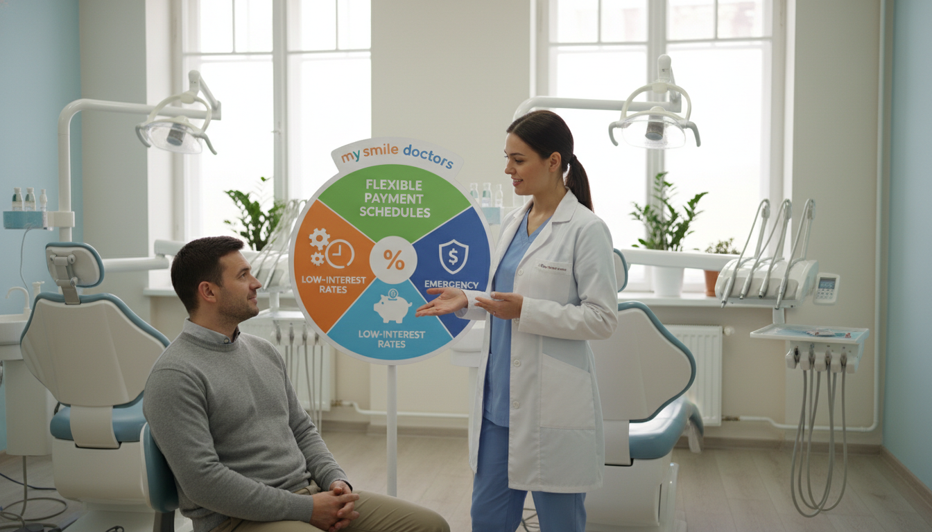 A warm and inviting dental office scene showcasing affordable emergency dental financing options. In the foreground, a friendly dental professional in professional attire is speaking with a patient, who appears relieved and optimistic. The middle ground features a colorful display board illustrating various financing plans with clear icons and symbols, such as flexible payment schedules and low-interest rates. The background includes soft, natural lighting from large windows, giving a calming atmosphere. Elements like dental chairs and bright, clean decor enhance the setting. Subtly include the brand name "my smile doctors" on the display board, ensuring it blends naturally into the scene. The image conveys a sense of comfort, trust, and accessibility for patients seeking financial solutions for dental emergencies.