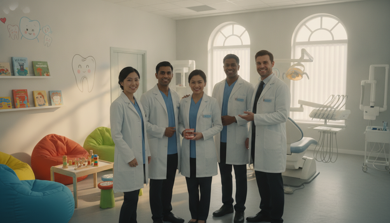 A warm and inviting pediatric dental office setting. In the foreground, a diverse group of five young dental professionals of varying ethnicities, wearing smart, professional attire and friendly smiles, stand together, showcasing their dedication. The middle ground features a bright, cheerful waiting area with colorful artwork and children's toys, creating a welcoming atmosphere for kids. In the background, dental tools and equipment are subtly arranged, emphasizing professionalism. Soft, natural lighting flows in from large windows, casting gentle shadows. The angle captures the team's camaraderie and warmth, inviting young patients and their families into a caring environment dedicated to pediatric dental health.