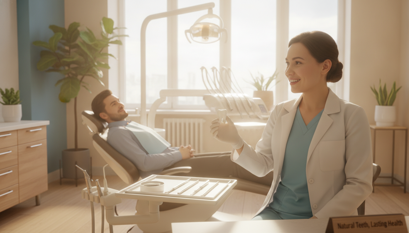 A warm, inviting dental office scene showcasing the benefits of saving a natural tooth. In the foreground, a smiling dentist in professional attire gently holds a healthy natural tooth, demonstrating its importance. The middle ground features a patient reclining in a dental chair, looking relaxed and reassured, while dental tools are neatly arranged on a tray nearby. In the background, soft, natural light filters through large windows, illuminating potted plants that symbolize vitality and health, creating a serene atmosphere. The color palette is warm and soothing, with earthy tones and soft blues, evoking a sense of care and comfort. The overall mood is positive and encouraging, highlighting the value of preserving natural teeth and promoting dental health. A warm, inviting dental office scene showcasing the benefits of saving a natural tooth. In the foreground, a smiling dentist in professional attire gently holds a healthy natural tooth, demonstrating its importance. The middle ground features a patient reclining in a dental chair, looking relaxed and reassured, while dental tools are neatly arranged on a tray nearby. In the background, soft, natural light filters through large windows, illuminating potted plants that symbolize vitality and health, creating a serene atmosphere. The color palette is warm and soothing, with earthy tones and soft blues, evoking a sense of care and comfort. The overall mood is positive and encouraging, highlighting the value of preserving natural teeth and promoting dental health.