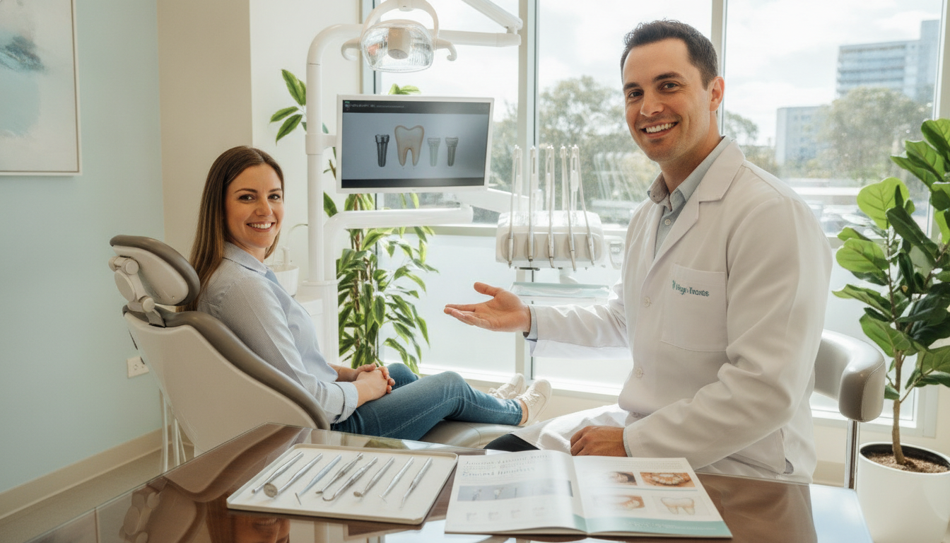 A warm, inviting interior of a dental practice in Parramatta, Australia. In the foreground, a smiling dental professional wearing a white coat and friendly demeanor stands beside a patient seated in a modern dental chair, both showcasing confident smiles. The dentist is expertly explaining dental implant options, their body language open and engaging. In the middle-ground, various dental tools and a dental implant brochure lay on a sleek, polished desk, demonstrating professionalism and care. The background features bright, natural light streaming in from large windows, tastefully decorated with calming colors and plants, creating a serene atmosphere. The angle is slightly elevated, capturing the warmth of the environment, evoking a sense of trust and comfort in dental care. The overall mood is welcoming and reassuring, ideal for promoting a healthy smile. A warm, inviting interior of a dental practice in Parramatta, Australia. In the foreground, a smiling dental professional wearing a white coat and friendly demeanor stands beside a patient seated in a modern dental chair, both showcasing confident smiles. The dentist is expertly explaining dental implant options, their body language open and engaging. In the middle-ground, various dental tools and a dental implant brochure lay on a sleek, polished desk, demonstrating professionalism and care. The background features bright, natural light streaming in from large windows, tastefully decorated with calming colors and plants, creating a serene atmosphere. The angle is slightly elevated, capturing the warmth of the environment, evoking a sense of trust and comfort in dental care. The overall mood is welcoming and reassuring, ideal for promoting a healthy smile.