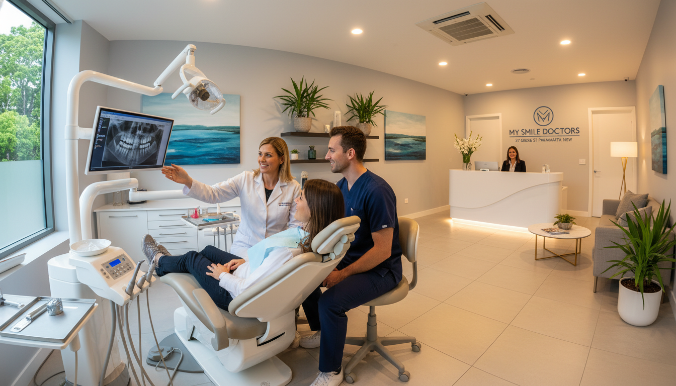 A welcoming and professional emergency dental clinic interior at "my smile doctors," located at 37 Grose St Parramatta NSW. In the foreground, a friendly dentist in a white coat and a dental assistant in smart casual attire are engaging with a patient seated in a modern dental chair. The middle ground showcases dental equipment and calming decor like plants and soothing artwork. The background features a reception area with a friendly receptionist behind a sleek desk. Soft, warm lighting fills the room, enhancing the inviting atmosphere. Use a slight wide-angle lens perspective to capture the entire scene, emphasizing the professionalism and comfort of the environment, encouraging patients to feel at ease during their visit.