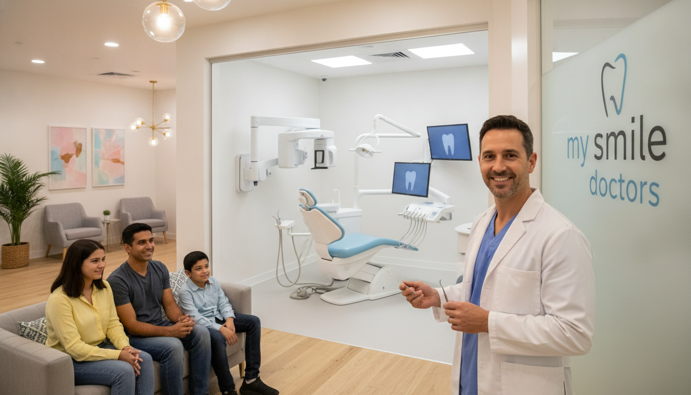 A welcoming dental clinic setting featuring a modern reception area with comfortable seating and warm lighting. In the foreground, a friendly dentist in professional attire, wearing a white coat and holding dental tools, smiles at a diverse family waiting with eager expressions. In the middle, a detailed dental consultation area showcases advanced equipment, like an examination chair and digital x-ray screens, emphasizing cutting-edge technology. The background includes soft-focus elements of a serene waiting room adorned with plants and calming artwork, creating a soothing atmosphere. The overall ambiance is friendly, professional, and inviting, reflecting the expertise of "my smile doctors" and emphasizing dental care dedicated to families. A welcoming dental clinic setting featuring a modern reception area with comfortable seating and warm lighting. In the foreground, a friendly dentist in professional attire, wearing a white coat and holding dental tools, smiles at a diverse family waiting with eager expressions. In the middle, a detailed dental consultation area showcases advanced equipment, like an examination chair and digital x-ray screens, emphasizing cutting-edge technology. The background includes soft-focus elements of a serene waiting room adorned with plants and calming artwork, creating a soothing atmosphere. The overall ambiance is friendly, professional, and inviting, reflecting the expertise of "my smile doctors" and emphasizing dental care dedicated to families.