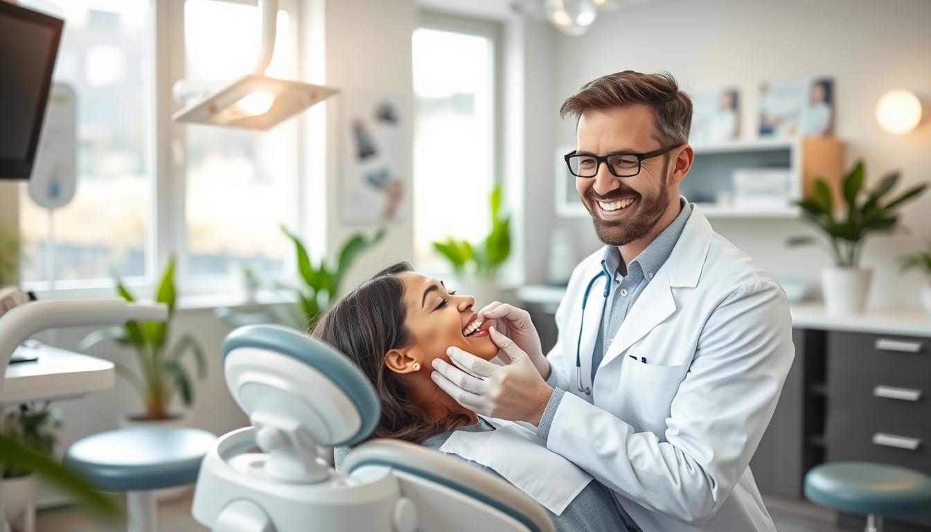 A welcoming dental office in Granville, featuring a modern dental chair and high-tech equipment in the foreground. In the middle, a friendly dentist in a professional white coat, with a warm smile, gently examining a patient's teeth, who appears relaxed and comfortable. Soft, natural lighting streams in through large windows, creating an inviting atmosphere. The background showcases clean, contemporary décor with dental posters and plants, emphasizing a calm and reassuring environment. The scene portrays care and trust, highlighting the professional relationship between the dentist and patient in a clean, safe setting, with a shallow depth of field that softly blurs the background while keeping the focus on the interaction. A welcoming dental office in Granville, featuring a modern dental chair and high-tech equipment in the foreground. In the middle, a friendly dentist in a professional white coat, with a warm smile, gently examining a patient's teeth, who appears relaxed and comfortable. Soft, natural lighting streams in through large windows, creating an inviting atmosphere. The background showcases clean, contemporary décor with dental posters and plants, emphasizing a calm and reassuring environment. The scene portrays care and trust, highlighting the professional relationship between the dentist and patient in a clean, safe setting, with a shallow depth of field that softly blurs the background while keeping the focus on the interaction.