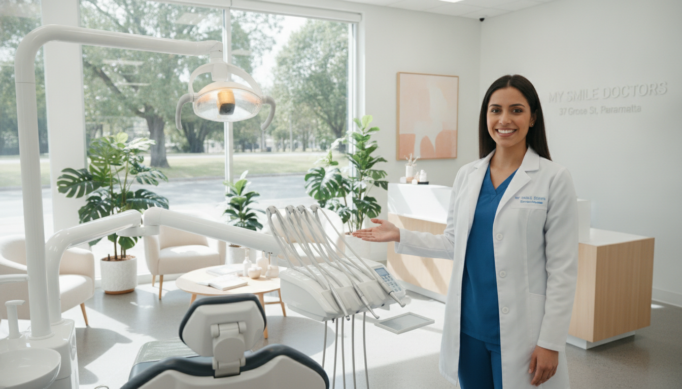 A welcoming dental practice interior at "My Smile Doctors," located at 37 Grose St, Parramatta. In the foreground, a friendly dental professional in a white coat and blue scrubs, smiling warmly, standing beside a dental chair with modern equipment. In the middle, a bright and clean reception area featuring green plants, welcoming decor, and comfortable seating. In the background, large windows allow natural light to flood the space, creating an inviting atmosphere. The lighting is soft and warm, enhancing the sense of care and compassion. The angle is slightly elevated, capturing the professional demeanor of the dentist while also showcasing the serene and modern practice environment. The overall mood is reassuring and approachable, reflecting the commitment to patient care. A welcoming dental practice interior at "My Smile Doctors," located at 37 Grose St, Parramatta. In the foreground, a friendly dental professional in a white coat and blue scrubs, smiling warmly, standing beside a dental chair with modern equipment. In the middle, a bright and clean reception area featuring green plants, welcoming decor, and comfortable seating. In the background, large windows allow natural light to flood the space, creating an inviting atmosphere. The lighting is soft and warm, enhancing the sense of care and compassion. The angle is slightly elevated, capturing the professional demeanor of the dentist while also showcasing the serene and modern practice environment. The overall mood is reassuring and approachable, reflecting the commitment to patient care.