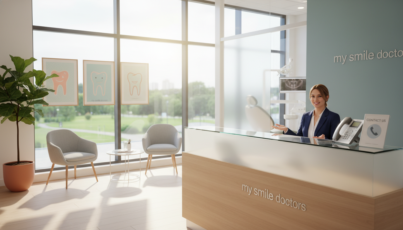 A welcoming, modern reception area of a dental clinic, featuring a friendly professional in business attire behind a sleek desk, ready to assist patients. The foreground includes a stylish reception desk with a phone prominently displayed, invitingly suggesting contact. In the middle ground, there are dental posters and an attractive potted plant, conveying a clean and inviting atmosphere. The background features soft-focus images of dental equipment and a large window allowing natural light to flood the space, creating a warm and reassuring ambiance. The mood is calm and professional, emphasizing accessibility and care. The branding "my smile doctors" subtly integrated into the design, ensuring a cohesive visual identity. Warm, natural lighting enhances the comforting vibe of the environment.