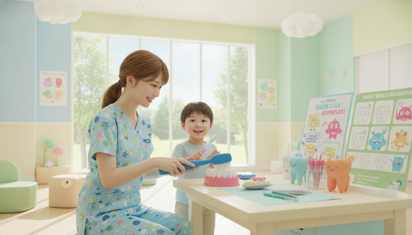 A welcoming pediatric dental clinic designed for children, with bright, cheerful colors and playful decor. In the foreground, a smiling dentist, dressed in professional attire, is gently demonstrating proper brushing techniques to a child, showcasing a friendly interaction. The middle ground features an array of colorful dental tools and educational materials, like fun charts illustrating dental hygiene. In the background, large windows let in soft, natural light, illuminating the space and creating a warm, inviting atmosphere. Soft pastel tones dominate the color palette, enhancing the cheerful mood. The angle captures the engaging nature of the consultation, focusing on the dentist's caring demeanor and the child's curiosity, conveying the essence of comprehensive pediatric dentistry care.