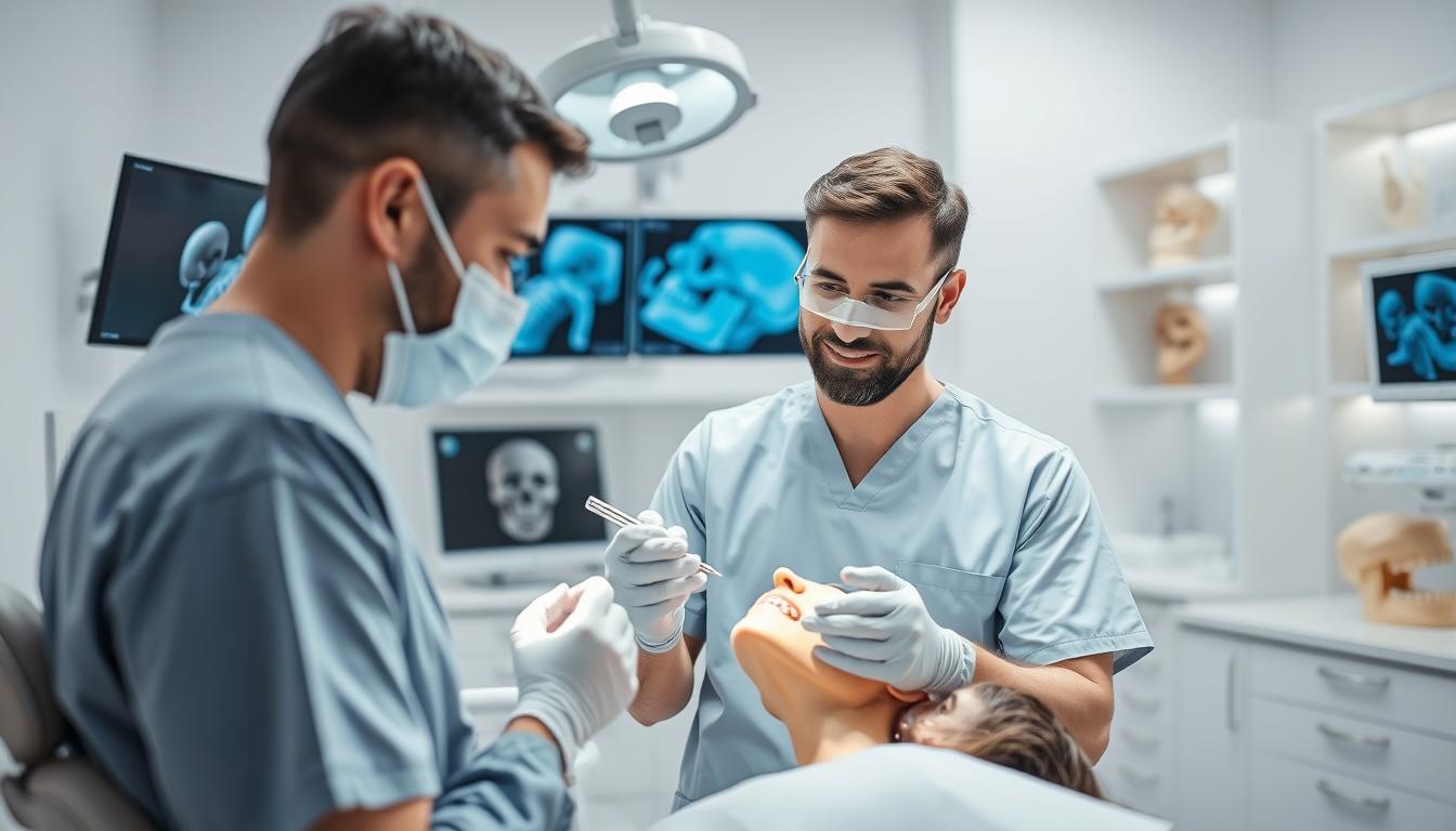 A well-lit dental clinic scene showcasing an oral and maxillofacial specialist at work. In the foreground, a professional-looking male dentist in scrubs examines a patient's jaw with precision instruments, both wearing protective gear. In the middle of the composition, a modern dental chair and equipment, including a surgical light and monitors displaying anatomical images. The background features clean, organized shelves with dental tools and models of the jaw, contributing to a clinical atmosphere. Soft lighting creates a calming environment, while the room's bright white walls enhance the sterile feel. The overall mood is professional, educational, and reassuring, reflecting the dedication to patient care in maxillofacial surgery. A well-lit dental clinic scene showcasing an oral and maxillofacial specialist at work. In the foreground, a professional-looking male dentist in scrubs examines a patient's jaw with precision instruments, both wearing protective gear. In the middle of the composition, a modern dental chair and equipment, including a surgical light and monitors displaying anatomical images. The background features clean, organized shelves with dental tools and models of the jaw, contributing to a clinical atmosphere. Soft lighting creates a calming environment, while the room's bright white walls enhance the sterile feel. The overall mood is professional, educational, and reassuring, reflecting the dedication to patient care in maxillofacial surgery.