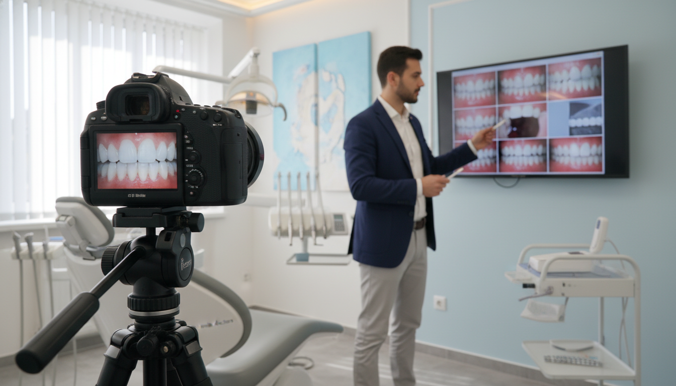 A well-lit dental clinic showcasing a digital photography setup with a focus on teeth. In the foreground, a high-resolution camera on a tripod captures a close-up of a patient's teeth, highlighting the clarity and detail. The middle ground features a dental professional in smart business attire, carefully examining the digital display of the captured images, showcasing modern technology. The background includes sleek dental equipment and bright, inviting colors common in clinics, enhancing the atmosphere of professionalism and care. Soft, natural lighting floods the room, creating a welcoming and innovative feel. The brand "my smile doctors" is subtly integrated into the equipment without being prominent, emphasizing advanced dental treatments and modern care techniques.