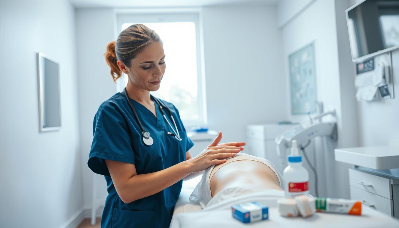A well-lit, sterile medical room focusing on a professional nurse in smart scrubs gently examining a patient’s surgical wound. In the foreground, the nurse meticulously cleans the bandaged area with antiseptic wipes, showcasing attentive wound management. The middle ground features a treatment table with medical supplies neatly organized, including bandages and ointments, emphasizing a clean and orderly environment. In the background, a window allows natural light to filter in, creating a calm and reassuring atmosphere. Soft colors dominate the scene, enhancing a sense of tranquility and care. The angle is slightly above eye level, providing a clear view of the wound management process while maintaining the professionalism of the setting. A well-lit, sterile medical room focusing on a professional nurse in smart scrubs gently examining a patient’s surgical wound. In the foreground, the nurse meticulously cleans the bandaged area with antiseptic wipes, showcasing attentive wound management. The middle ground features a treatment table with medical supplies neatly organized, including bandages and ointments, emphasizing a clean and orderly environment. In the background, a window allows natural light to filter in, creating a calm and reassuring atmosphere. Soft colors dominate the scene, enhancing a sense of tranquility and care. The angle is slightly above eye level, providing a clear view of the wound management process while maintaining the professionalism of the setting.