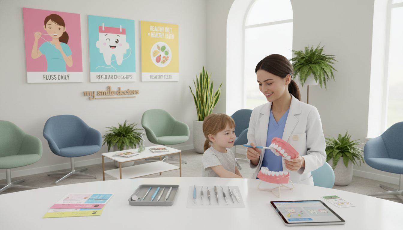 A well-organized dental clinic scene depicting preventive dental measures for long-term oral health. In the foreground, a friendly dentist in professional attire is demonstrating proper brushing techniques on a model of teeth, surrounded by high-quality dental tools and educational materials. In the middle, several colorful posters display tips for oral hygiene, such as flossing and regular check-ups. The background shows an inviting waiting area with comfortable seating and potted plants, ensuring a warm atmosphere. Soft, natural lighting filters through large windows, creating a calm and reassuring mood. The brand name "my smile doctors" is subtly incorporated into the clinic decor. Capture the scene from a slightly elevated angle to emphasize the action and interaction within the space.