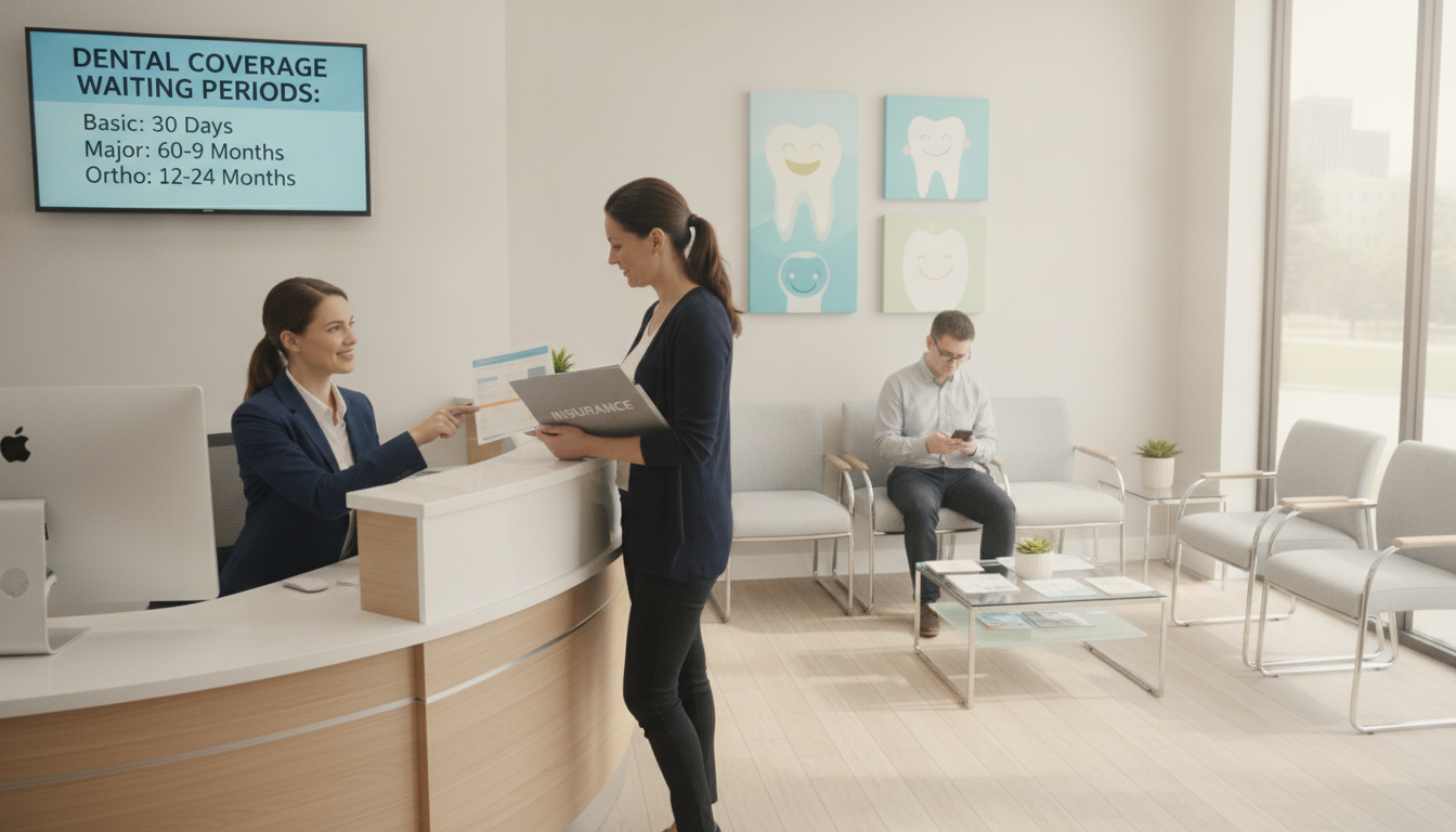 An informative scene depicting a dental office waiting area designed to illustrate waiting periods for dental coverage. In the foreground, a dental receptionist is seated behind a modern front desk, dressed in professional attire, engaging with a patient holding dental documents. In the middle ground, a comfortable waiting area features sleek chairs and a small coffee table with dental brochures arranged neatly. The background shows colorful dental-themed artwork on the walls and a view of a bright window allowing natural light to fill the space, creating a warm and inviting atmosphere. Use soft lighting to convey a sense of calmness and professionalism. The angle is slightly elevated, showcasing the waiting area and the interaction between the receptionist and patient. An informative scene depicting a dental office waiting area designed to illustrate waiting periods for dental coverage. In the foreground, a dental receptionist is seated behind a modern front desk, dressed in professional attire, engaging with a patient holding dental documents. In the middle ground, a comfortable waiting area features sleek chairs and a small coffee table with dental brochures arranged neatly. The background shows colorful dental-themed artwork on the walls and a view of a bright window allowing natural light to fill the space, creating a warm and inviting atmosphere. Use soft lighting to convey a sense of calmness and professionalism. The angle is slightly elevated, showcasing the waiting area and the interaction between the receptionist and patient.