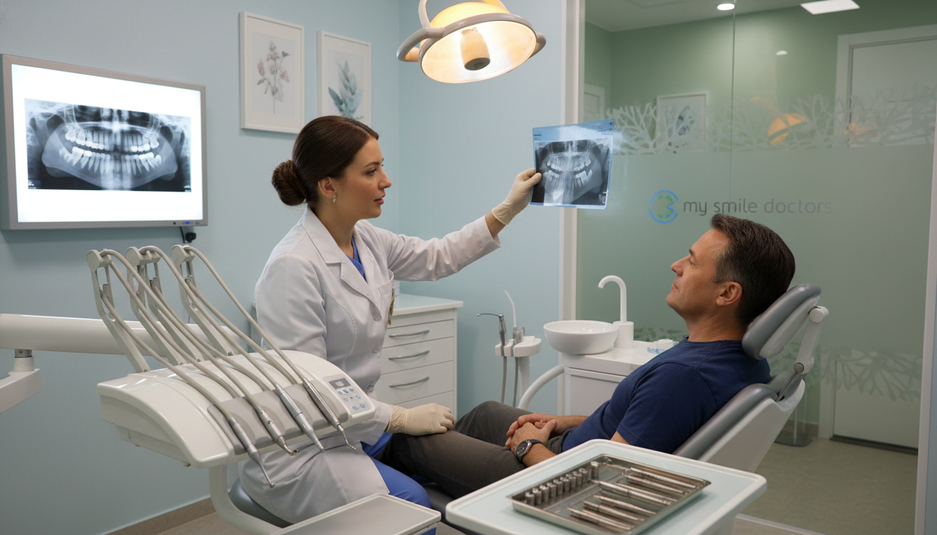 An inviting dental clinic interior showcasing a professional dental treatment space for broken or missing teeth. In the foreground, a dentist wearing a white coat and gloves, engaging with a patient seated in a modern dental chair, examining dental X-rays on a light box. The middle layer features advanced dental equipment, including a suction machine, tools for tooth restoration, and a soft, warm overhead light illuminating the scene for clarity and focus. The background displays soothing colors like light blue and soft greens, creating a calm atmosphere. The branding "my smile doctors" should be subtly integrated into the design of the clinic. The overall mood is reassuring and professional, promoting a sense of trust and quality dental care.