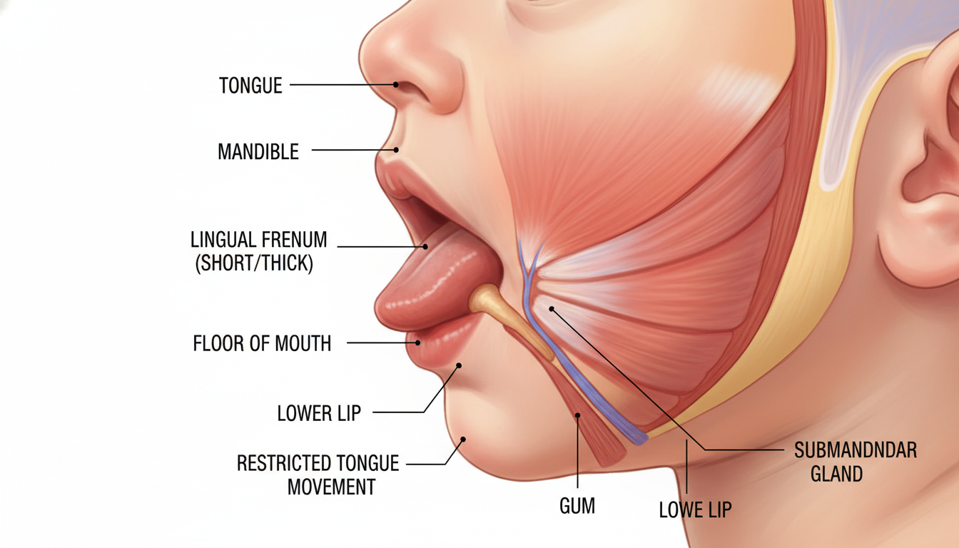 Anatomical diagram showing tongue tie frenulum restriction in infant mouth