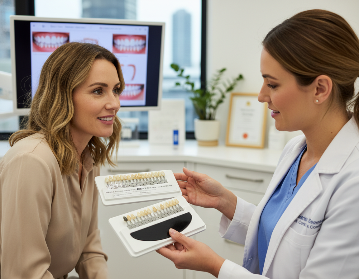 Cosmetic dentist showing dental veneers samples to patient at My Smile Doctors